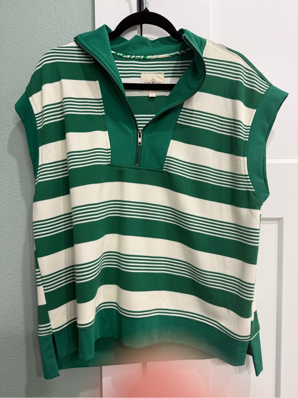 Umgee Green and White Striped Sleeveless Zip-Collar Tank